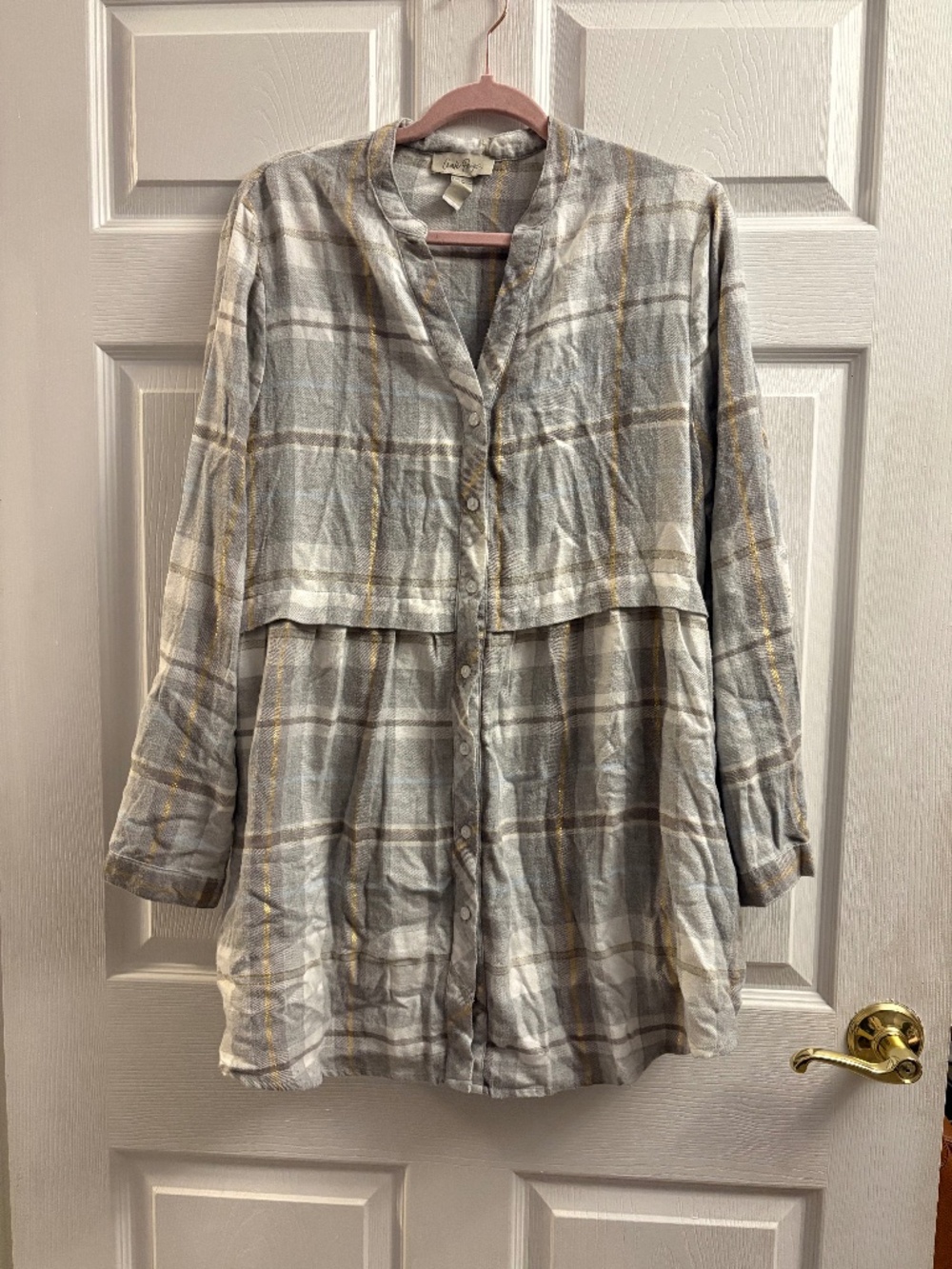 Charlie Paige Plaid Button Front Tunic Top Blouse Size Large